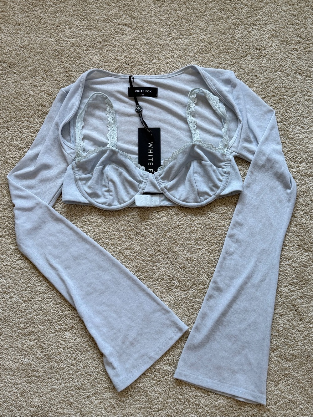 White Fox Long Sleeve Crop Top Bolero Bralette Set Lace Trim Light Blue Size XS